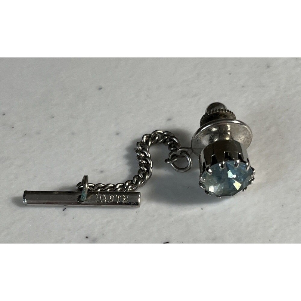 Dante Round Light Blue Gemstone Silver Color Tie Tack Vintage